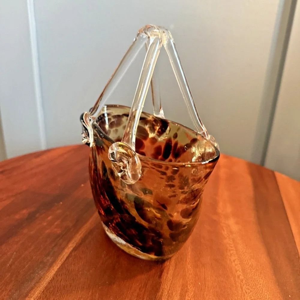 Murano Style Art Glass Purse Vase Amber Tortoiseshell Handbag Vase Decor